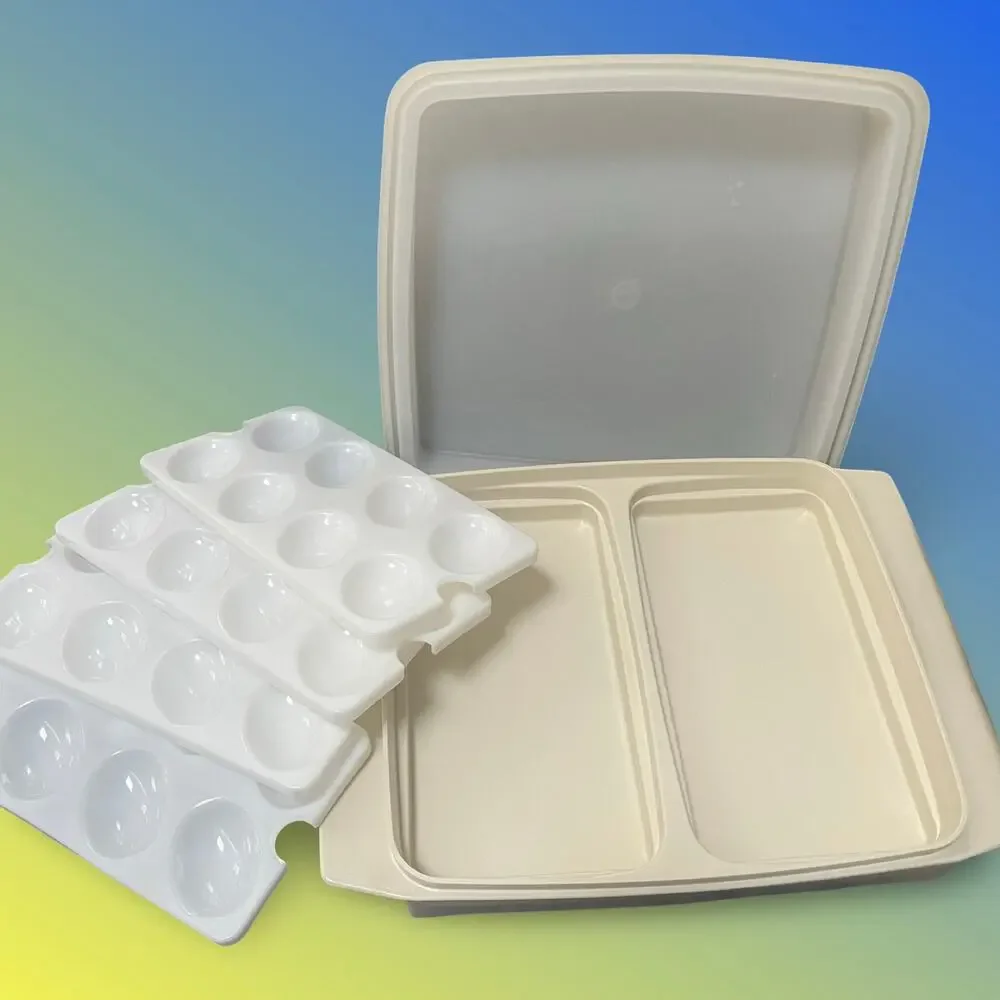 Tupperware 723 Deviled Egg Carrier Set Almond Beige 4 Trays 6pc Lot 722 665 Vtg